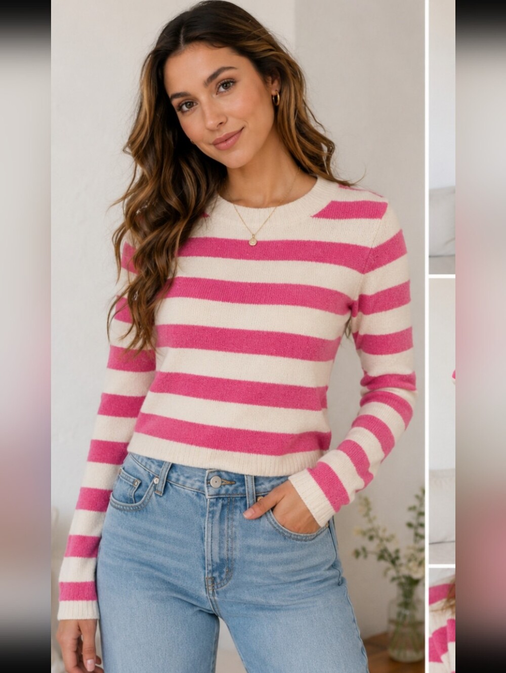 NWOT Aerie Pink & Ivory Striped Open Back textured Sweater Size S